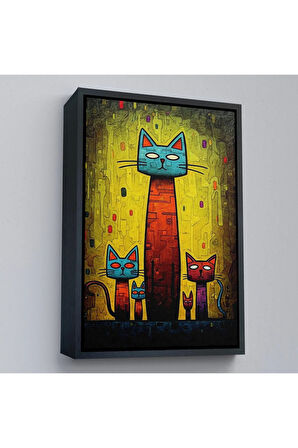 Ahşap Çerçeveli Sevimli Kedi Ailesi Tablosu-7903