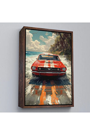 Ahşap Çerçeveli Kırmızı Mustang Tablo-7910