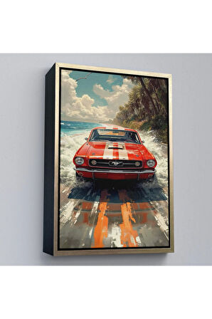 Ahşap Çerçeveli Kırmızı Mustang Tablo-7910