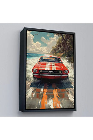 Ahşap Çerçeveli Kırmızı Mustang Tablo-7910