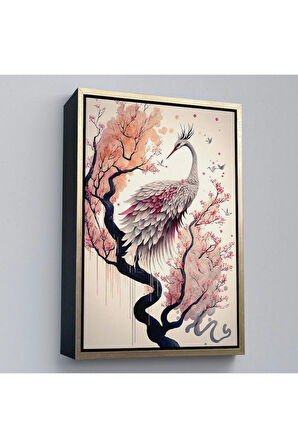 Ahşap Çerçeveli Sakura Ağacındaki Güzel Turna Tablosu-7911