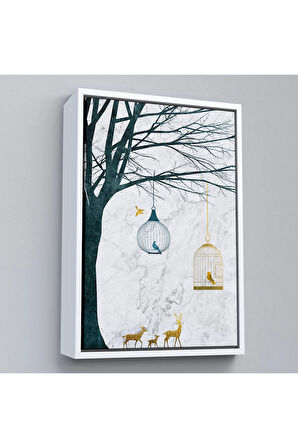 Ahşap Çerçeveli Geyikler Ve Kafesteki Kuşlar Tablosu-7918