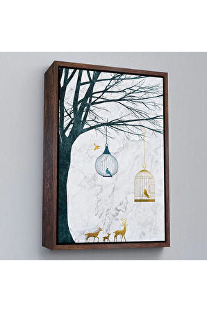 Ahşap Çerçeveli Geyikler Ve Kafesteki Kuşlar Tablosu-7918
