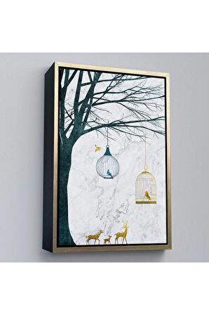 Ahşap Çerçeveli Geyikler Ve Kafesteki Kuşlar Tablosu-7918