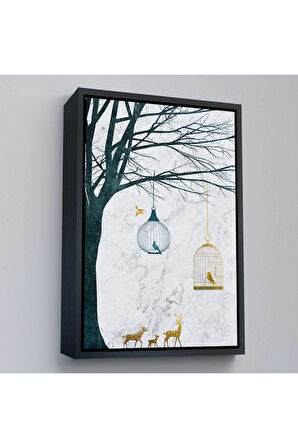 Ahşap Çerçeveli Geyikler Ve Kafesteki Kuşlar Tablosu-7918