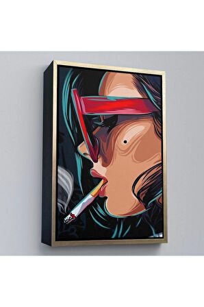 Ahşap Çerçeveli Sigara İçen Pop Art Kadın Tablosu-7929
