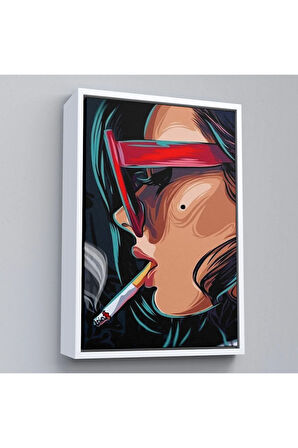 Ahşap Çerçeveli Sigara İçen Pop Art Kadın Tablosu-7929