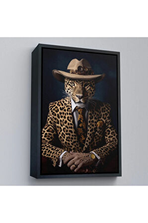 Ahşap Çerçeveli Takım Elbiseli Leopar Tablosu-7932