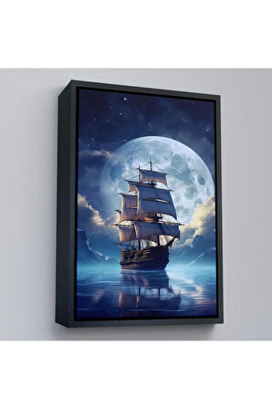 Ahşap Çerçeveli Gece Denizdeki Yelkenli Tablosu-7933