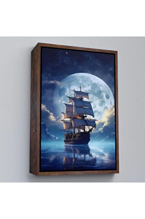 Ahşap Çerçeveli Gece Denizdeki Yelkenli Tablosu-7933