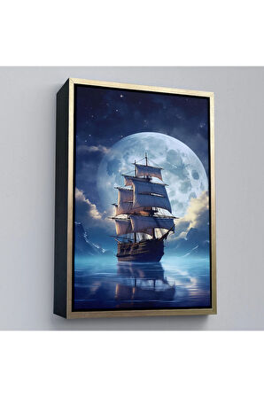 Ahşap Çerçeveli Gece Denizdeki Yelkenli Tablosu-7933