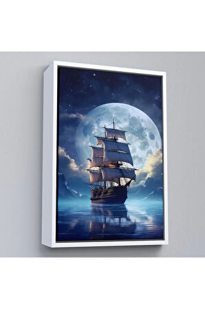 Ahşap Çerçeveli Gece Denizdeki Yelkenli Tablosu-7933