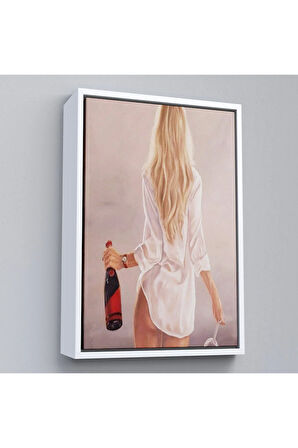 Ahşap Çerçeveli Şarap Ve Kadeh Le Yürüyen Sarı Saçlı Kadın Tablosu-7946