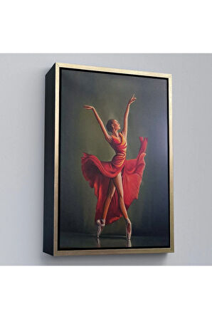 Ahşap Çerçeveli Kırmızı Kıyafetli Bale Yapan Kadın Tablosu-7951