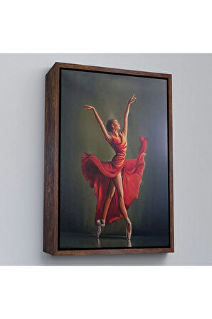 Ahşap Çerçeveli Kırmızı Kıyafetli Bale Yapan Kadın Tablosu-7951