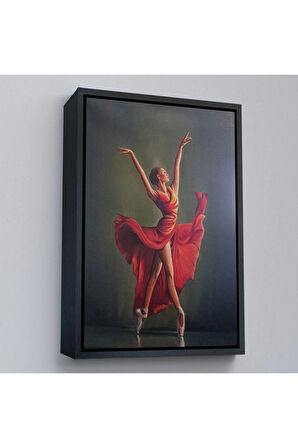 Ahşap Çerçeveli Kırmızı Kıyafetli Bale Yapan Kadın Tablosu-7951