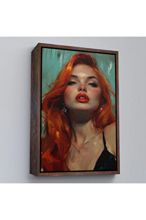 Ahşap Çerçeveli Kızı Saçlı Güzel Kadın Tablosu-7957