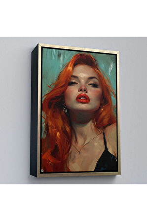 Ahşap Çerçeveli Kızı Saçlı Güzel Kadın Tablosu-7957