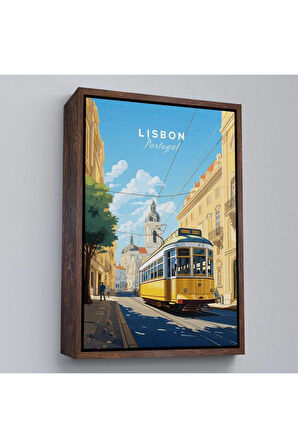 Ahşap Çerçeveli Portekiz Lizbon Sarı Tramvay Tablosu-7972