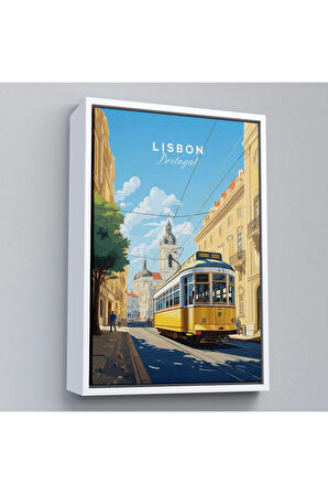 Ahşap Çerçeveli Portekiz Lizbon Sarı Tramvay Tablosu-7972