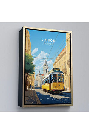 Ahşap Çerçeveli Portekiz Lizbon Sarı Tramvay Tablosu-7972