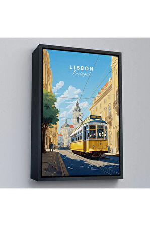 Ahşap Çerçeveli Portekiz Lizbon Sarı Tramvay Tablosu-7972