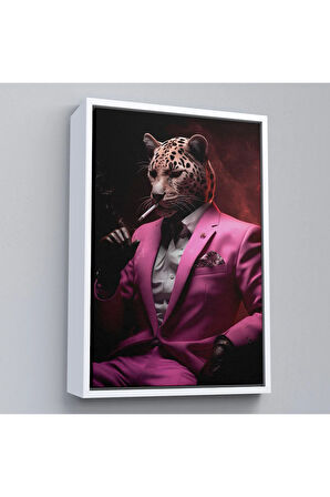Ahşap Çerçeveli Sigara İçen Pembe Leopar Tablo-7974