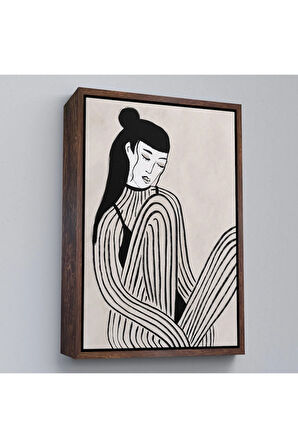 Ahşap Çerçeveli Handdrawn Oturan Kadın Tablosu-7981