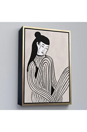 Ahşap Çerçeveli Handdrawn Oturan Kadın Tablosu-7981