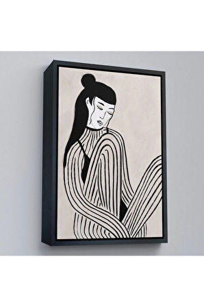 Ahşap Çerçeveli Handdrawn Oturan Kadın Tablosu-7981