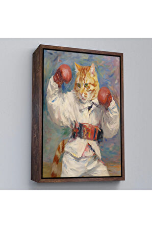 Ahşap Çerçeveli Boks Eldivenli Sevimli Kedi Tablosu-7997