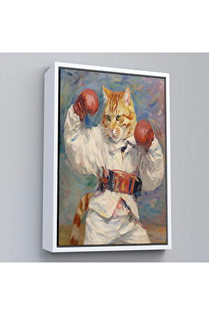 Ahşap Çerçeveli Boks Eldivenli Sevimli Kedi Tablosu-7997