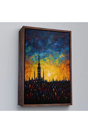 Ahşap Çerçeveli Günbatımı Şehir Manzarası Tablosu-7998