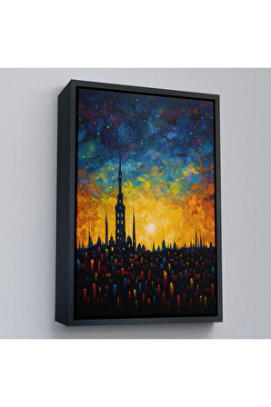 Ahşap Çerçeveli Günbatımı Şehir Manzarası Tablosu-7998