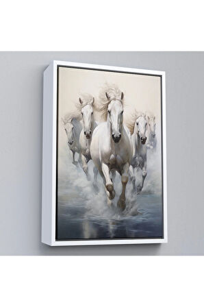 Ahşap Çerçeveli Suda Koşan Beyaz Atlar Tablosu-8000