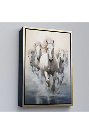 Ahşap Çerçeveli Suda Koşan Beyaz Atlar Tablosu-8000