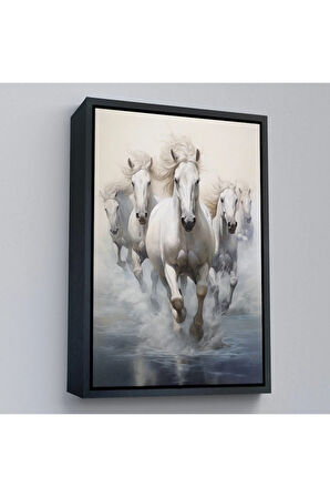 Ahşap Çerçeveli Suda Koşan Beyaz Atlar Tablosu-8000