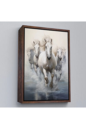 Ahşap Çerçeveli Suda Koşan Beyaz Atlar Tablosu-8000