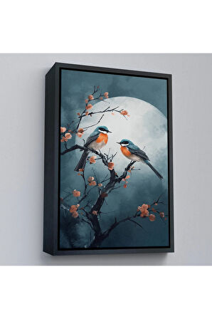 Ahşap Çerçeveli Dallarda Pembe Çiçekli İki Kuş Tablosu-8004