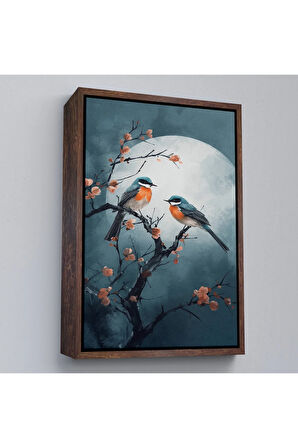 Ahşap Çerçeveli Dallarda Pembe Çiçekli İki Kuş Tablosu-8004