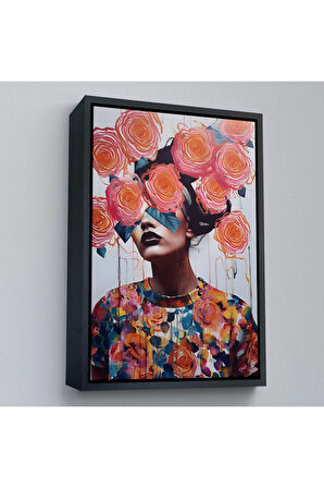 Ahşap Çerçeveli Çiçek Başlı Soyut Kadın Tablosu-8009