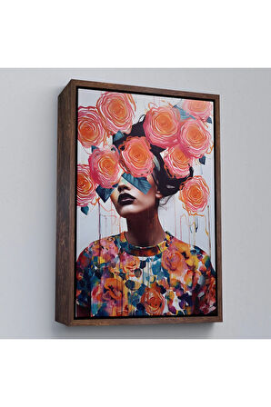 Ahşap Çerçeveli Çiçek Başlı Soyut Kadın Tablosu-8009