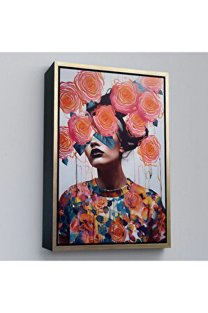 Ahşap Çerçeveli Çiçek Başlı Soyut Kadın Tablosu-8009