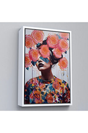 Ahşap Çerçeveli Çiçek Başlı Soyut Kadın Tablosu-8009