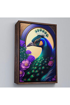 Ahşap Çerçeveli Mor Çiçekler Ortasında Tavus Kuşu Tablosu-8010