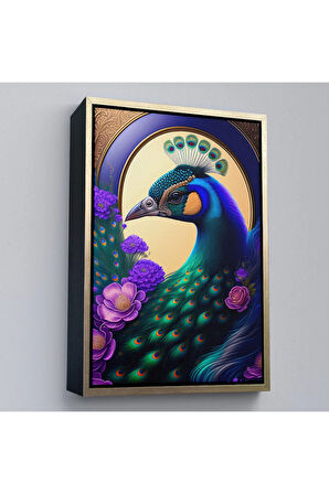 Ahşap Çerçeveli Mor Çiçekler Ortasında Tavus Kuşu Tablosu-8010
