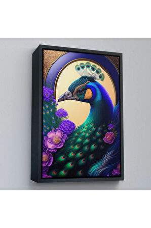 Ahşap Çerçeveli Mor Çiçekler Ortasında Tavus Kuşu Tablosu-8010