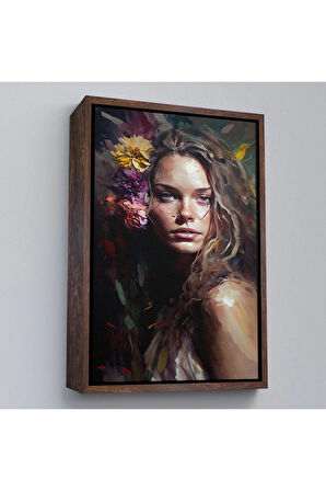 Ahşap Çerçeveli Yağlıboya Görünümlü Güzel Kadın Tablosu-8013