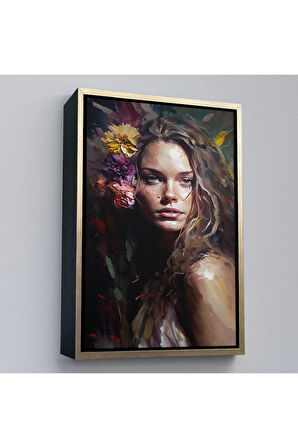 Ahşap Çerçeveli Yağlıboya Görünümlü Güzel Kadın Tablosu-8013