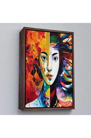 Ahşap Çerçeveli Renkli Soyut Kadın Tablosu-8014